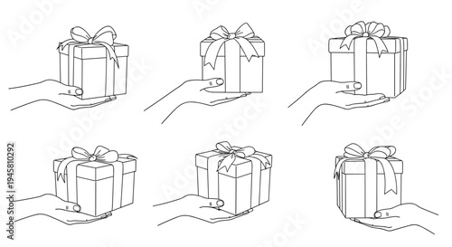 Collection of minimalist line drawings showing hands presenting different beautifully wrapped gift boxes with ribbons.