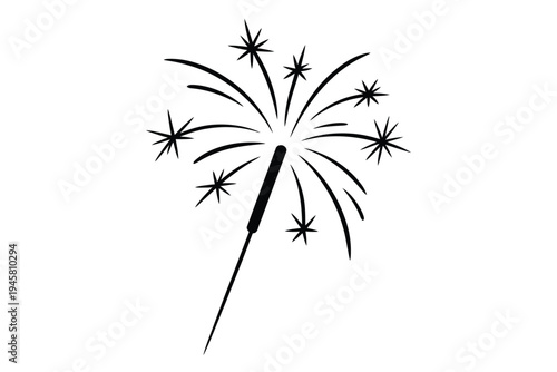 A simple black and white illustration of a lit sparkler emitting stars