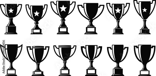Set of Trophy Cup Vector Icons Featuring Award Winners Achievement Symbols and Championship Gold Prize Illustrations in Black Silhouette Style