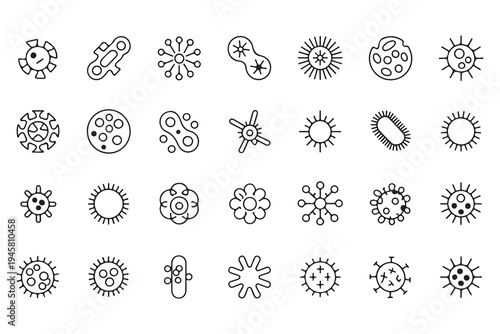 Collection of diverse bacteria, virus, and microorganism line art icons, representing microbiology, disease, health, and biological research.