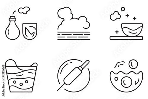 Set of abstract chemistry and liquid icons, including evaporation, mixing, boiling, and chemical reactions, representing scientific processes and laboratory experiments.
