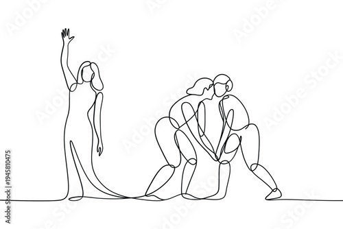 Continuous line drawing of a woman and embracing couple