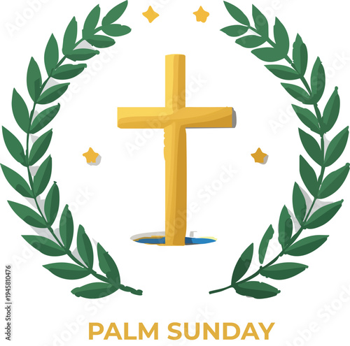Palm sunday icon with golden cross surrounded by green leaves and stars