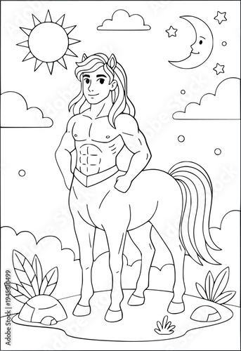 Centaur coloring page with a mythological hero and celestial sun and moon