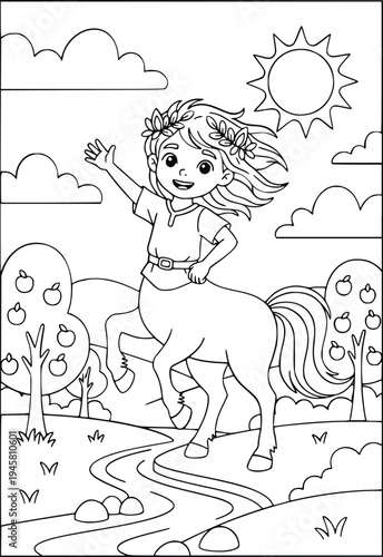 Centaur coloring page with a happy mythological girl in an apple orchard
