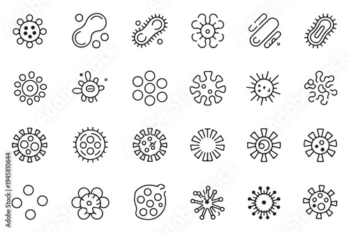 Extensive set of various bacteria, virus, and microorganism line art icons, illustrating different forms and structures in microbiology and biological science.