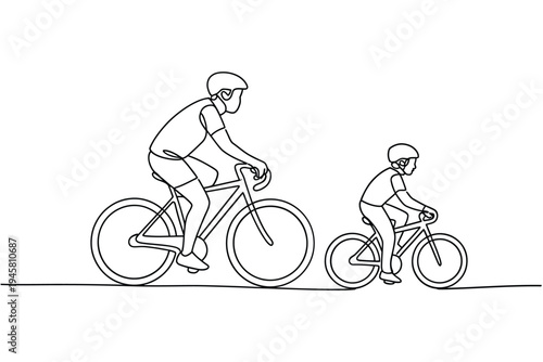 A continuous line drawing depicts a father and son cycling together