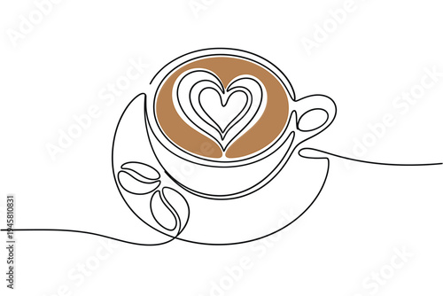 Minimalist line art depicting a coffee cup with a heart shaped latte