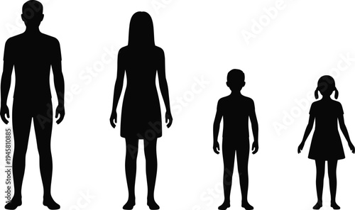  A family with mother and  son  standing, parents and children, cad drawing flat vector illustration