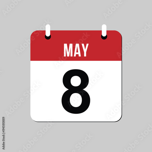 May 8 Calendar Date Page Icon Flat Design Vector Illustration for Schedule Reminder. Clean and modern date illustration suitable for event reminders, scheduling, holiday concepts, and business.