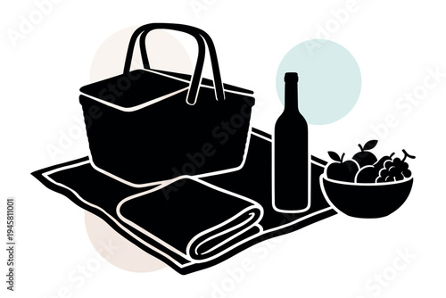 Vector set of picnic basket bottle and fruit bowl on a folded blanket. Solid black silhouette graphics for summer outing and outdoor snacks in the park vector illustration design