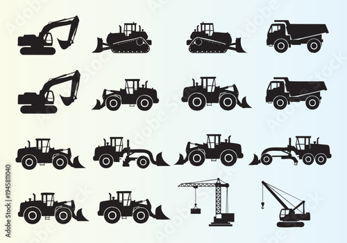 Collection of heavy construction machinery and equipment silhouettes