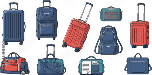 Travel luggage and backpack collection with rolling suitcases, duffel bags, carry on baggage and travel gear vector illustration set