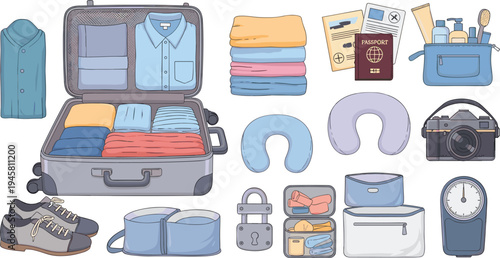 Travel packing essentials collection with open suitcase, folded clothes, passport documents, camera, toiletries, neck pillow and luggage accessories vector set