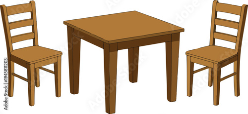 Wooden dining table and two chairs furniture set vector illustration for interior design home decor and restaurant seating.