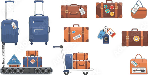Travel luggage suitcase collection with baggage tags, airport conveyor belt, trolley cart and vintage travel bags vector illustration set