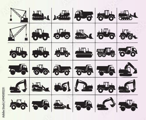 Collection of heavy construction machinery and equipment silhouettes