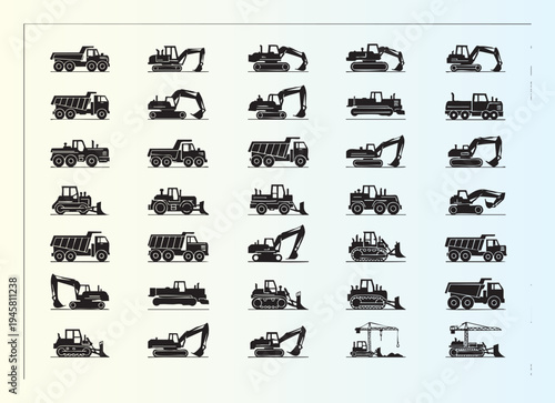 Collection of heavy construction machinery and vehicles in silhouette style