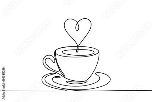 Continuous line drawing of a coffee cup with a heart shaped steam