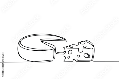 Minimalist one line drawing of a wheel of cheese with a missing piece