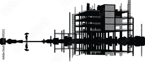 WebBlack silhouette of a building under construction with reflection on water, architectural framework, scaffolding, and a person holding an umbrella.