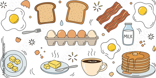 Breakfast Food Illustration Set with Toast Bread Eggs Bacon Pancakes Coffee Milk Butter and Morning Meal Elements