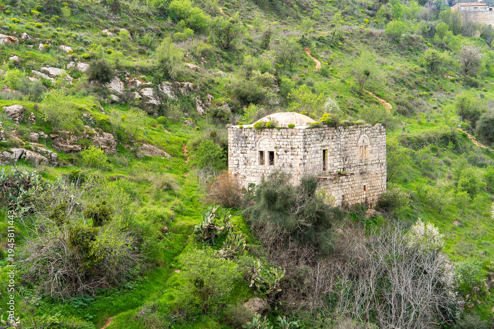 Fototapeta premium Abandoned village of Lifta near Jerusalem in early spring, old stone houses on a green mountain slope.Israel.