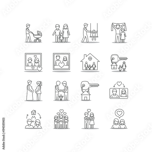A collection of black and white line drawings depicting family and relationships