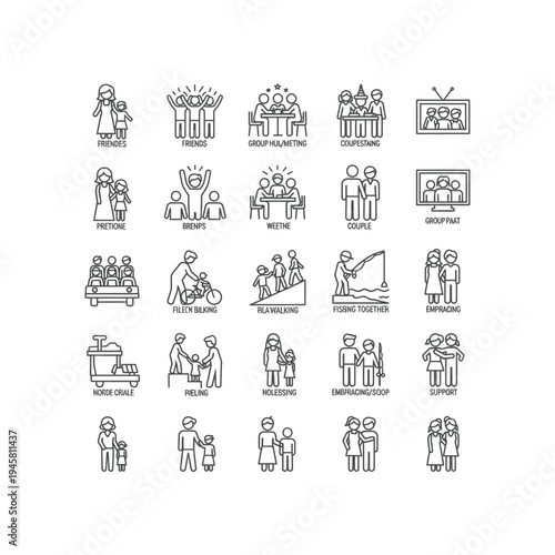A collection of 25 black and white line drawings depicting people in various social interactions
