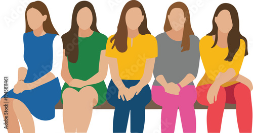 Flat vector illustration of a diverse group of women sitting together on a bench in colorful modern outfits.
