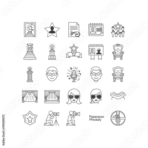 A collection of black and white icons related to celebrities and awards