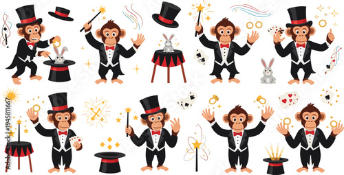 Magician Monkey Cartoon Vector Set with Magic Show Monkey Characters, Top Hat, Wand, Cards, Rabbit and Illusion Tricks.