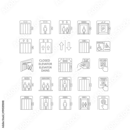 A collection of line drawings depicting various elevator icons and signs