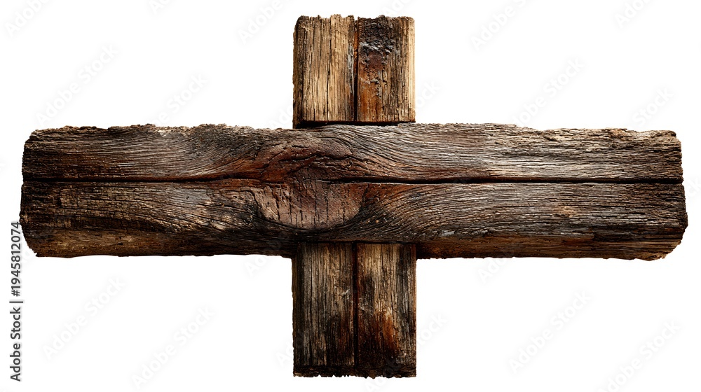 Fototapeta premium Rustic Wooden Cross Symbol Isolated on White Background.