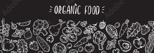 Organic food sketch doodles . Fruits and vegetables. Whimsical food doodles. Hand drawn vector illustration for menu, packaging design. Simple sketch style. Top view. Chalkboard style