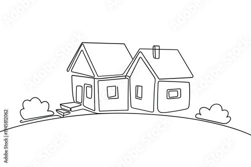 Simple line drawing of two connected houses with surrounding landscape