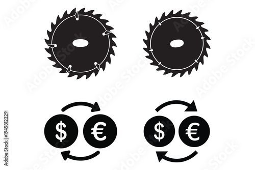 Saw blades and currency exchange symbols