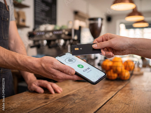 Close up of customer hand tapping black credit card on smartphone held by barista for contactless payment on phone screen in modern cafe with blurred coffee machine and oranges in background area