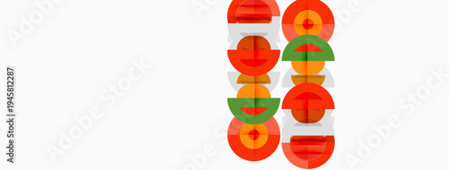 Abstract design features colorful overlapping circles. Red, green, orange hues create dynamic visual pattern. Simple shapes, clean lines present modern aesthetic.