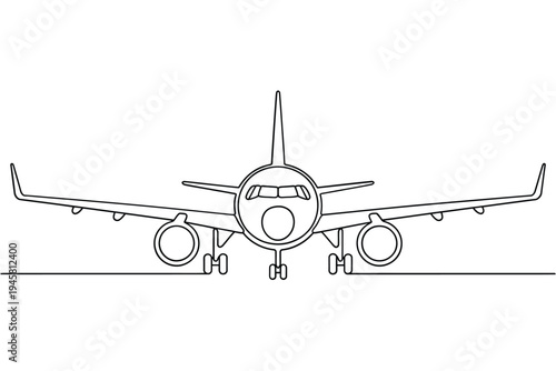 Line drawing of a commercial passenger airplane facing forward on ground