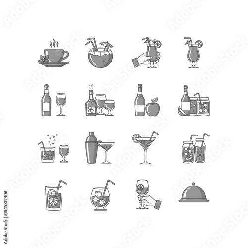 A collection of icons depicting various types of drinks and glasses