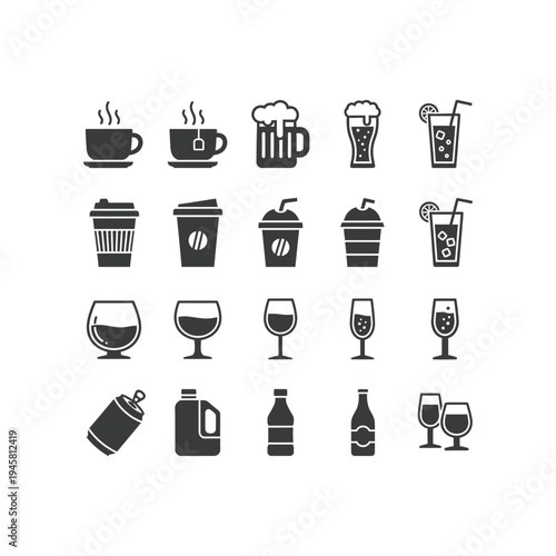 A collection of black and white icons of various drinks