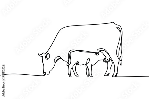 Continuous line drawing depicts a mother cow and calf grazing calmly