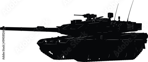 Black silhouette illustration of modern main battle tank with long barrel gun, turret equipment, antennas, and caterpillar tracks highlighting armored combat vehicle design features.