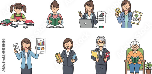 Women education and career stages collection from school student to professional teacher and elderly reader vector illustration set