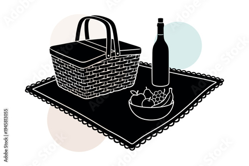 Vector set of picnic basket with bottle and fruit bowl on a scalloped edge blanket. Decorative silhouette icons for romantic park date and summer lunch vector illustration design