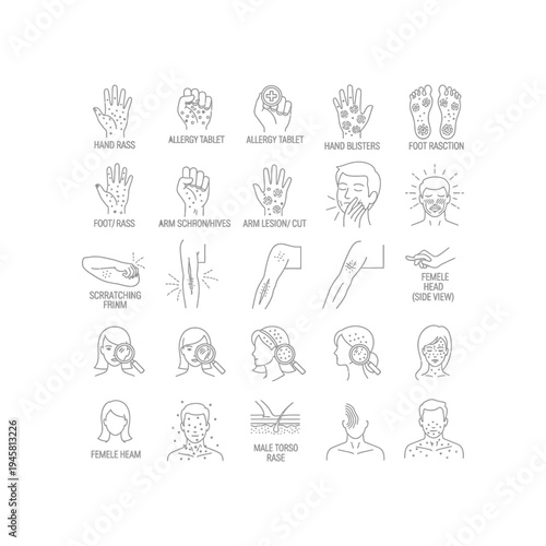 A collection of line drawings depicting various body parts and actions