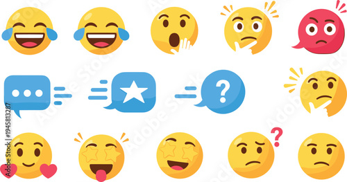 Emoji reaction set with laughing shocked thinking angry love and confused faces chat communication icons vector illustration