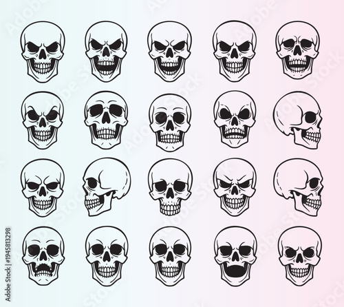 Collection of stylized skull illustrations in various angles and expressions