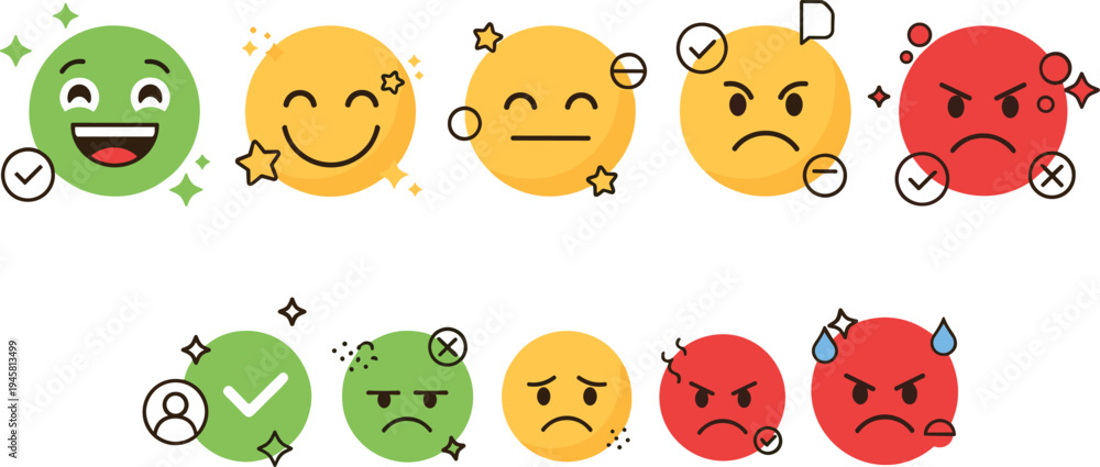 Fototapeta premium Customer feedback emoji rating set with happy neutral and angry faces satisfaction review concept vector illustration